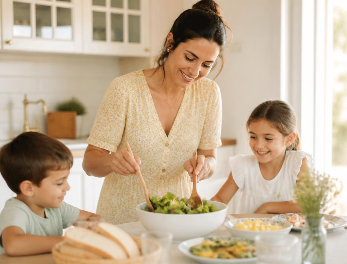 Madre preparando la cena en casa con sus hijos cerca
